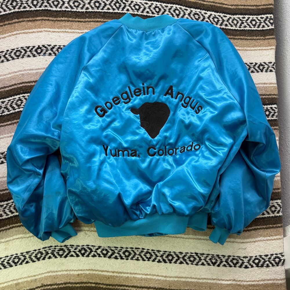 Vintage 80s King Louie Teal Goeglien Angus Yuma Colorado Satin Bomber Jacket 2XL
